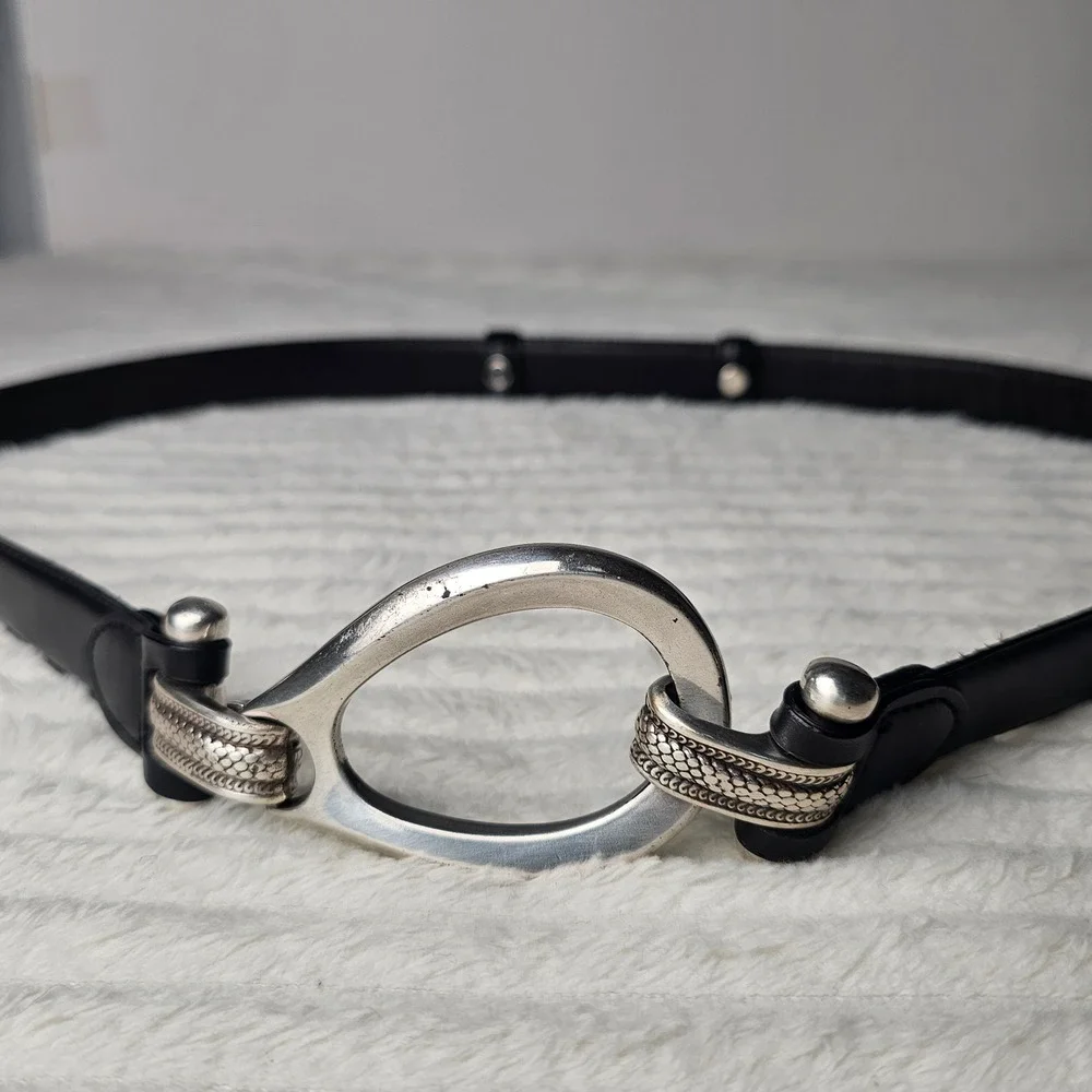 Brighton Womens Hook Buckle Leather Belt XL Black Silver Western Minimalist